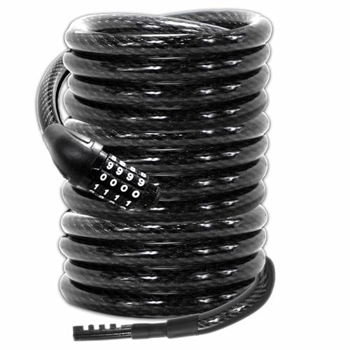 Lumintrail Long Coiled Bike Cable Lock 3/8 Inch 15ft (4, 6, 10, 15, 30ft), Weatherproof Locks for Kayak, Bike, Scooter, Outdoor Equipment, Resettable Combination Lock Anti Theft Protection - size: 15-FT