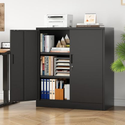 Metal Storage Cabinet,36" Locking Cabinet with 2 Adjustable Shelves - color: Black, size: 36"H×32"W×16"D