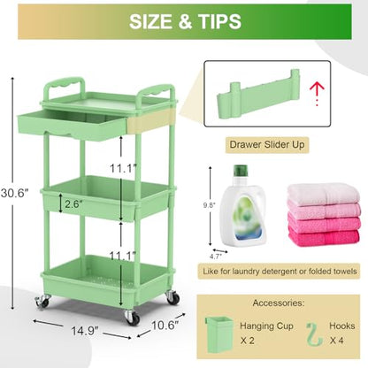 Goovilla 3 Tier Rolling Utility Cart Organizer with Removable Drawer, Green - size: 3 Tier, style: Green