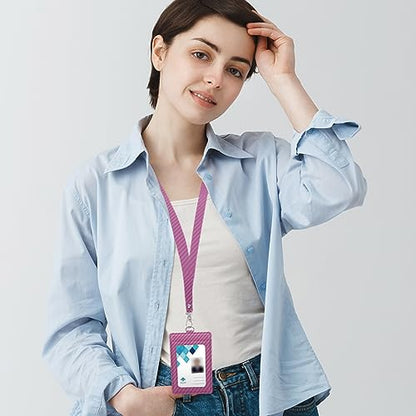 Carbon Fiber Work ID Card Holder with Lanyard,Pink - color: Pink