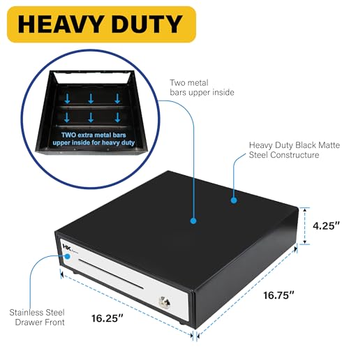 HK SYSTEMS 16" "Stainless Steel" Front Heavy Duty Black POS Cash Drawer with 4Bill/8Coin "Stainless Steel" for Canada - size: 16" POS_FBM