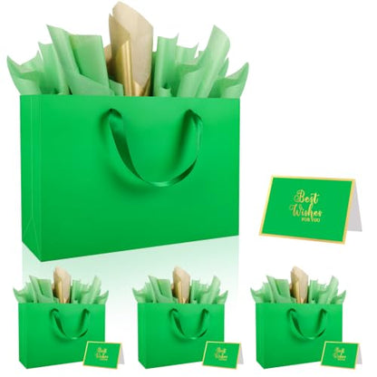Epoesch 4 Pack Medium Green Gift Bags with Handles and 12 Tissue Papers - color: Green Gift Bags