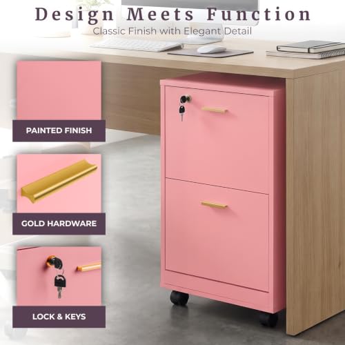 Lavish Home 2-Drawer Wooden File Cabinet with Lock, Pink, 16” x 27” - color: Pink, style: Gold Hardware