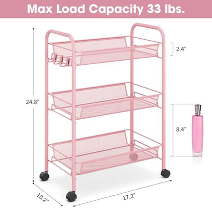 TOOLF 3 Tier Rolling Cart, Metal Utility Storage Cart with Wheels, Pink - color: Pink, size: 3-Tier