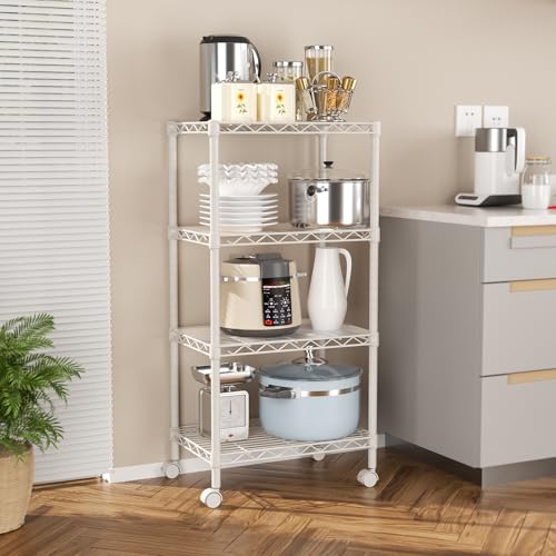 SINGAYE 4 Shelves Storage Shelf Wire Shelving Unit Metal Adjustable Wheels - color: White, size: 4Tier/11.5"D X 17.5"W X 45"H