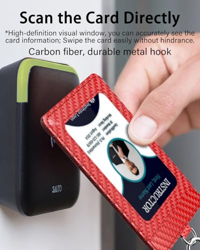 Carbon Fiber Work ID Card Holder with Lanyard, Red - color: Red