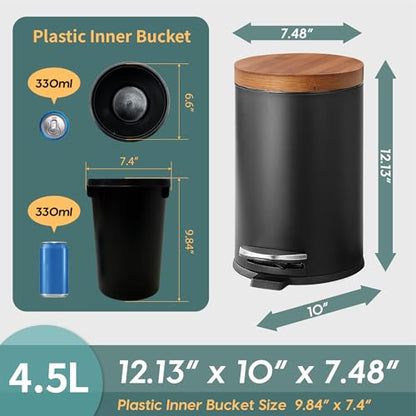 SunnyPoint Elite Bamboo Lid 4.5 Liter / 1.2 Gallon Round Trash Can with Plastic Inner Bucket; Bathroom, Office, Kitchen and Bedroom Step On and Slow Close (Black) - color: BLACK
