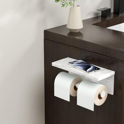 FORIOUS Double Marble Toilet Paper Holder with Phone Shelf, Commercial - color: White, size: Double Roll