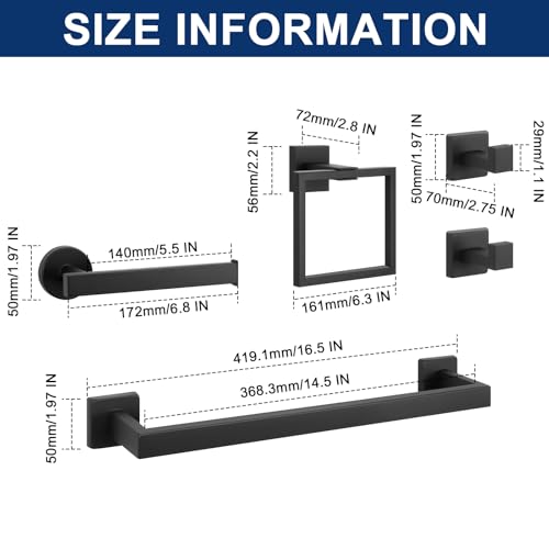 NearMoon 5 Pieces Bathroom Hardware Set 304 Stainless Steel - Square Towel Rack Set Include 16" Towel Rod + Towel Ring + Toilet Paper Holder + 2 Robe Towel Hooks Bathroom Accessories (Matte Black) - color: Matte Black, size: 16 inch