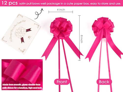 HUIHUANG Hot Pink Satin Pull Bows for Gift Wrapping 12 PCS, 4" x 8" Bows - color: Hot Pink, size: 1 Pack (12 bows, 4 in x 8 in)