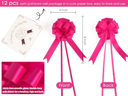 HUIHUANG Hot Pink Satin Pull Bows for Gift Wrapping 12 PCS, 4" x 8" Bows - color: Hot Pink, size: 1 Pack (12 bows, 4 in x 8 in)