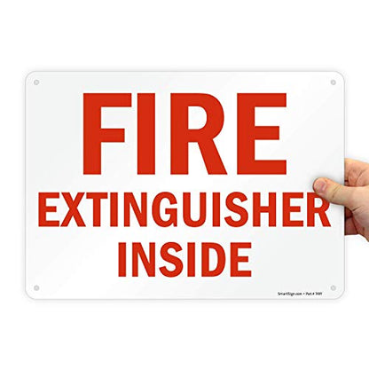 SmartSign 10 x 14 inch “Fire Extinguisher Inside” Sign with Pre-Cleared Holes, Digitally Printed, 55 mil HDPE Plastic, Red and White - size: 10" x 14" Plastic