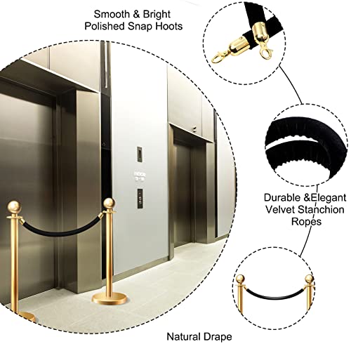 Fumete 6 Pcs Velvet Rope 4 Feet with Gold Hook Crowd Control, Black - color: Black