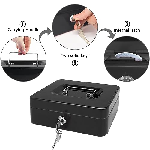 Steel Cash Box with Key Lock, Metal Small Money Organizer with Money Tray,Cash Storage Box with Lockable Cover (White - 9.8" x 7.8" x 3.3") - color: White - 9.8" x 7.8" x 3.3"