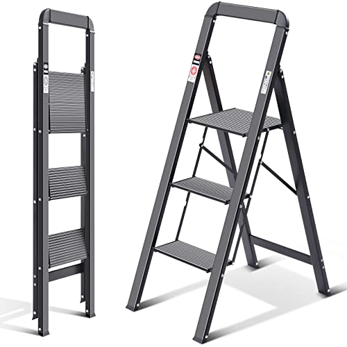 KINGRACK Aluminium 3 Step Ladder, Lightweight Step Stool with Non-Slip Pedals, Handrail, 330 LBS Foldable Step Ladder for Kitchen, Garage, Home, Space Saving, Sturdy and Portable, Black - color: Black, size: 3-step with Handrail