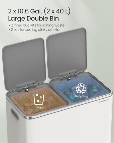 SONGMICS Trash Can, 2 x 10.6 Gallon (2 x 40 L), White and Gray - color: White + Gray, size: 2 x 10.6 Gallon