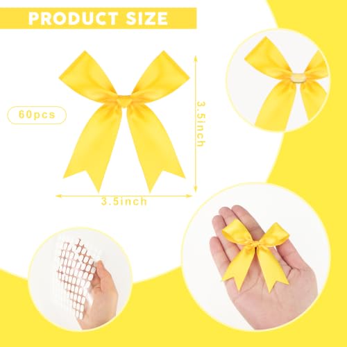 Yellow Bows 60 Pcs 3.5 Inch Pre-Tied Satin Ribbon Bows with Adhesive Dots - color: Yellow, size: 60 PCS