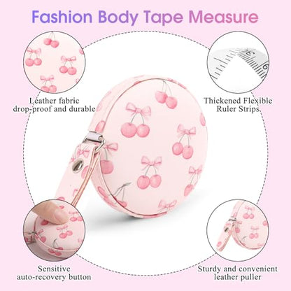 Retractable Mini Leather Tape Measure, Auto Retract Bow Cherry - color: Pink Bow Cherry