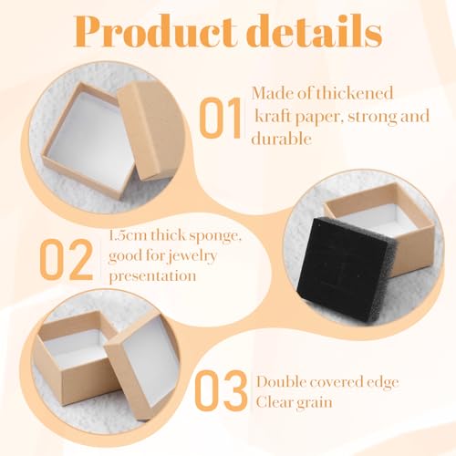 60 Pack Cardboard Ring Boxes, 2 x 2 x 1.26 Inch Square Jewelry Gift Boxes With Foam, Bulk Mini Earring Packaging For Weddings, Birthdays, and Retail Display, Brown