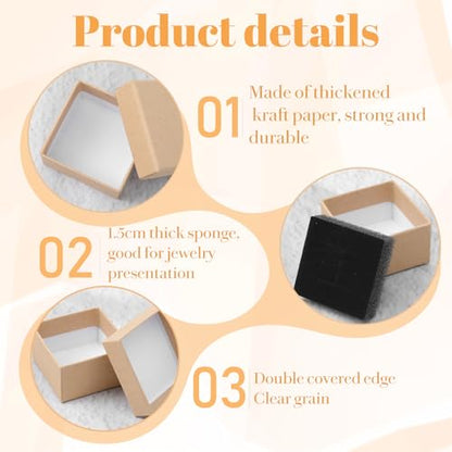 60 Pack Cardboard Ring Boxes, 2 x 2 x 1.26 Inch Square Jewelry Gift Boxes With Foam, Bulk Mini Earring Packaging For Weddings, Birthdays, and Retail Display, Brown