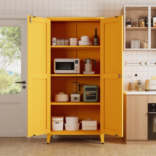 61" Tall Yellow Lockable Metal Storage Cabinet, Farmhouse Pantry Cabinet with 2 Square-Pattern Doors & 3 Adjustable Shelves, Freestanding Cupboard with Legs for Home, Office, Laundry, Entryway - color: Mustard, style: Cabinet-61"H-DL
