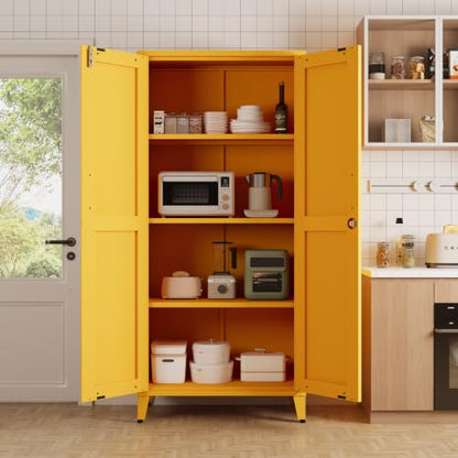 61" Tall Yellow Lockable Metal Storage Cabinet, Farmhouse Pantry Cabinet with 2 Square-Pattern Doors & 3 Adjustable Shelves, Freestanding Cupboard with Legs for Home, Office, Laundry, Entryway - color: Mustard, style: Cabinet-61"H-DL