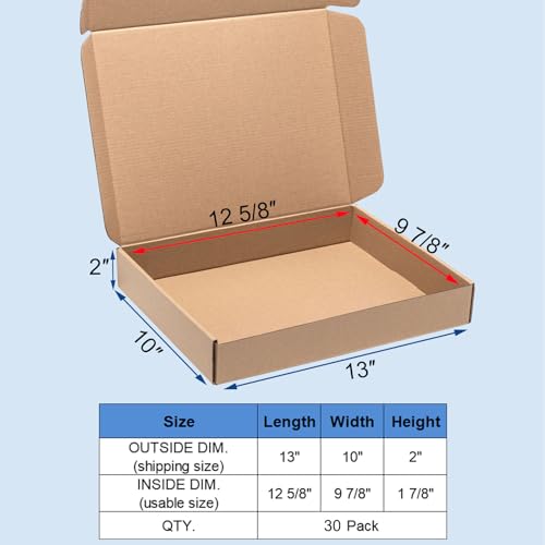 Wowxyz Brown Shipping Boxes 13x10x2" 30 Pack Corrugated Cardboard Mailers - size: 13x10x2"