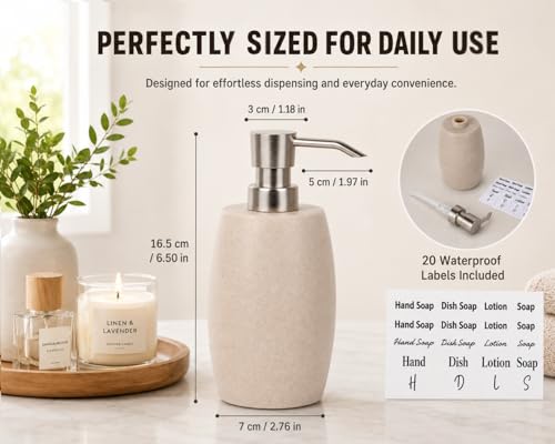 Clasin Home Sandstone Textured Resin Soap Dispenser with Metallic Pump and Waterproof Bottle Labels for Bathroom Kitchen Dish Hand Wash Shower Lotion Shampoo, 12 Oz, Beige - color: Natural Beige