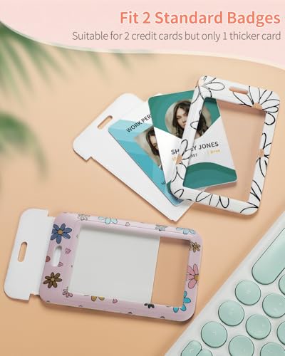 Uniclife 2 Pack Floral Sliding Badge Holder Vertical Flower Plastic Card Case Protector with Retractable Badge Reel Carabiner for Office School ID Credit Proximity Key Women Nurse Teacher Student - color: Pink & Beige Base Daisy