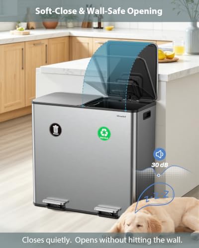 Dual Trash and Recycling Bins for Kitchen, 2*13.2 Gal Dual Trash Can,Silver - color: Silver, size: 2 * 13.2 Gallon
