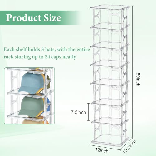 8 Tier Clear Hat Organizer Box with Drawer, Stackable Baseball Cap Display Storage Case with Sliding Tray & Magnetic Door, Large Hat Display Rack Holder, Each Fits Up to 24 Caps