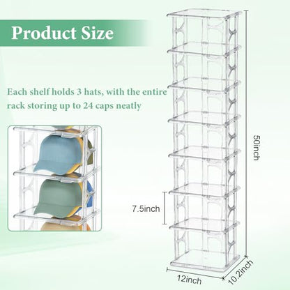 8 Tier Clear Hat Organizer Box with Drawer, Stackable Baseball Cap Display Storage Case with Sliding Tray & Magnetic Door, Large Hat Display Rack Holder, Each Fits Up to 24 Caps