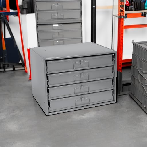 Global Industrial Durham Steel Compartment Box Rack with Four Adjustable Divider Compartment Boxes, 18" L x 12" W x 3" H Boxes, 20" L x 15-3/4"W x 15" H Overall