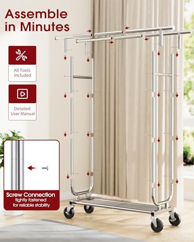 Sakugi Stainless Steel Double Rod Clothes Rack, 43.5x16.5x65.9, Black - color: Silver, size: 43.5" x 16.5" x 65.9"(2 Rods)