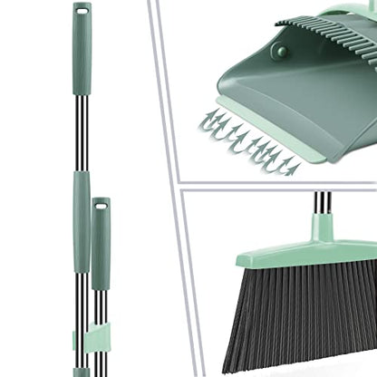 Ivandar Broom and Dustpan Set for Home, Dust pan with Long Handle, Broom with Dustpan Combo Set, for Home Kitchen Room Office Lobby Floor Use Upright Stand Up Sweeping (Gray&Green) - color: Gray&green