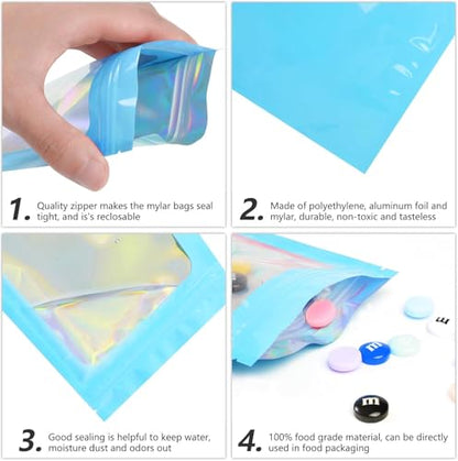 Funfery 100pcs Blue Mylar Holographic Bags-Resealable Zipper&Clear Window - color: Blue, size: 4.3 x 7.5 Inch