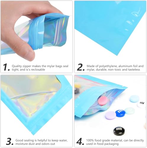 Funfery 100pcs Blue Mylar Holographic Bags-Resealable Zipper&Clear Window - color: Blue, size: 4.7 x 7.9 Inch