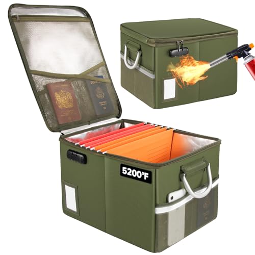 TOMKID 5200°F Fireproof Document Box, Fire Important Document Organizer with Lock, Upgraded Heat Insulated Filing Storage Cabinet Office Organization (5200°F Fireproof Box, Green) - color: Green-Upgrade