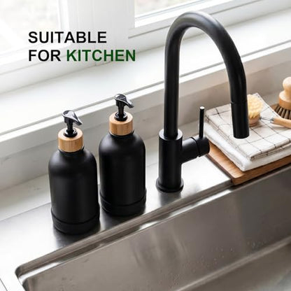 KASUNTING Hand Soap Dispenser Bathroom with Anti-Slip Silicone Boot, Black Dish Soap Dispenser for Kitchen, 2 Pack 17 Fl Oz Plastic Hand and Dish Soap Dispensers Set with Bamboo Pump - color: Black, size: 2 Bottles with Silicone Boots