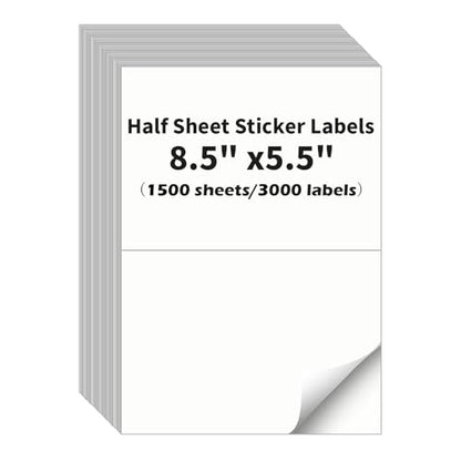 Half Sheet Labels, 2 per Sheet, 1500 Sheets, 3000 Labels, 8.5" x 5.5" Size - size: 8.5" x 5.5", style: 1500 sheets