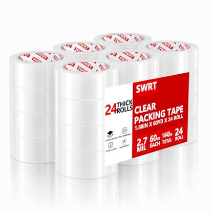 SWRT Heavy Duty Packing Tape, 24 Rolls,Clear, 2.7Mil, 1.8IN x 60YD