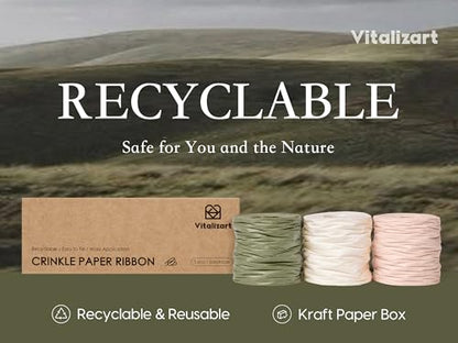 Vitalizart Crinkle Paper Ribbon 1.5" x 75 Yds for Gift Wrapping Recyclable - color: Green Nude & White