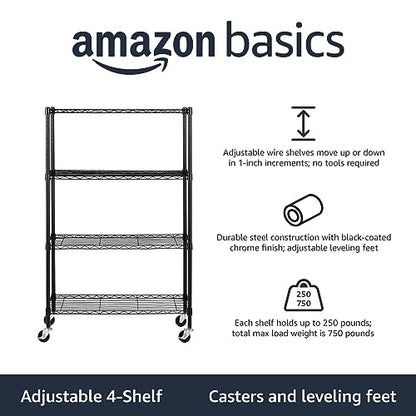 Amazon Basics 4-Shelf Heavy Duty Garage Shelving Storage Unit on 3" Wheel Casters, Adjustable Metal Wire Rack with Leveling Feet, 36" x 14" x 57.75", Black - color: Black, size: 36" L x 14" W x 57.75" H, style: 4 -Shelf