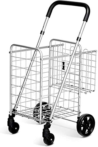 ReunionG Folding Shopping Cart, Double Basket Supermarket Cart with Adjustable Wide Cushion Handle Bar and Swivel Wheels, Suitable for Grocery Book Luggage Travel Laundry, Large Utility Carts (Silver)