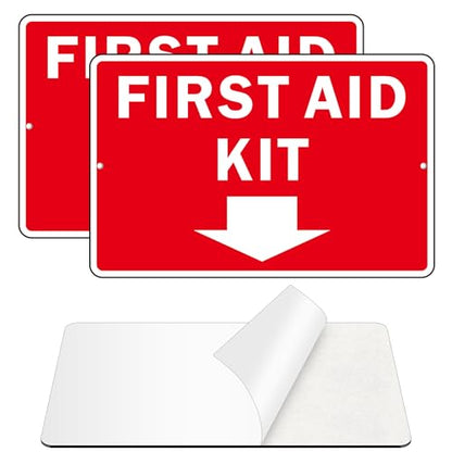 First Aid Sign, (2 Pack) Self Adhesive First Aid Kit Sign for Wall, Aluminum Metal Signs With 2 Pre-drilled Holes (9 x 6 inches, Red/White) - color: Red /White