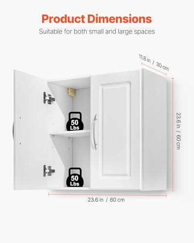 VEVOR Laundry Room Wall Cabinet, 2-Tier Wall Mounted Hanging Cabinet with Adjustable Shelf, Cupboard Storage with 2 Doors, for Kitchen, Bathroom, Laundry, 11.8 x 23.6 x 23.6 in (D x W x H), White - size: 24 Inch, style: 2 Doors