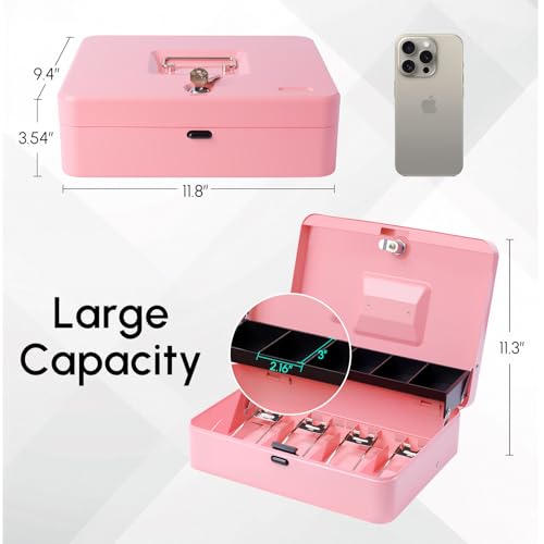 Cash Box with Money Tray and TOP Key & Push-Button Lock, Money Saving Lock Box, Safe Locking Box for Cash Register XL 11.8"x9.45"x3.54" Pink - color: Pink with top key