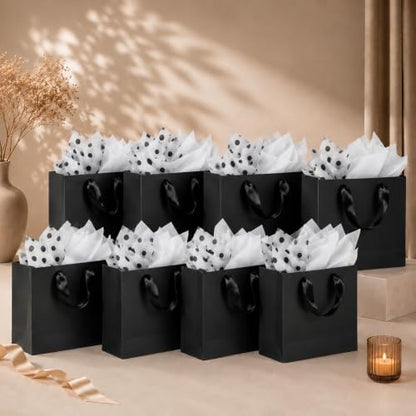 Offizon 12PCS Black Gift Bags with Stripe Tissue Small Bag 8.7x3.9x7.1in - color: Small-Black1-6PCS