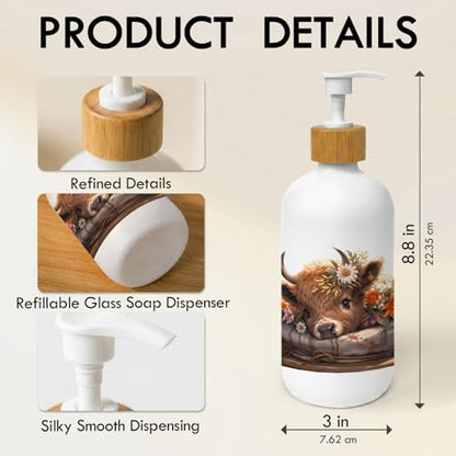 Floral Highland Cow Soap Dispenser, Rustic Farmhouse Farm Animal Glass Dish Soap Dispenser for Kitchen, Highland Cow Refillable Handsoap Pump Bottle for Bathroom Countertop Kitchen - color: Farmhouse 01