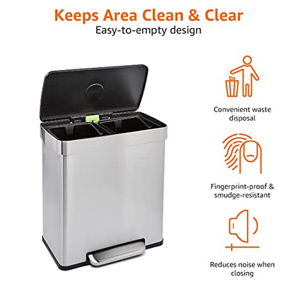 Amazon Basics Dual Compartment Recycling Trash Can with Soft-Close Lid, Fingerprint Resistant, Removable Liner Buckets, 60 Liters, Rectangular, Grey, Silver